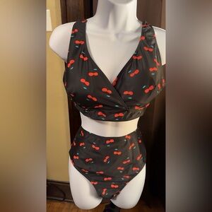 SHEIN Black Cherry Print Swim Set